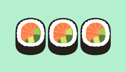 Minimalist and calm illustration of three fresh salmon maki sushi rolls on a light green background for a relaxed dining menu © MuhammadHaris