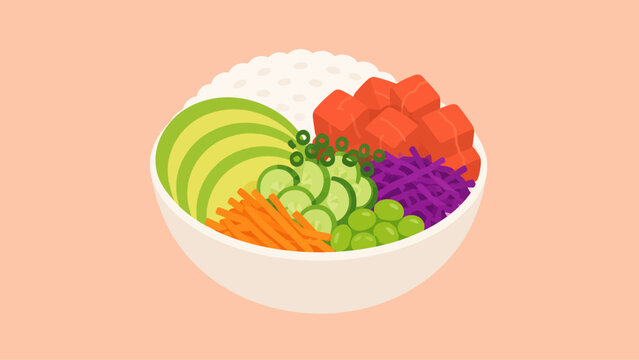 Healthy Poke Bowl Illustration with Fresh Salmon, Avocado, Cucumber, and Rice in a White Bowl
