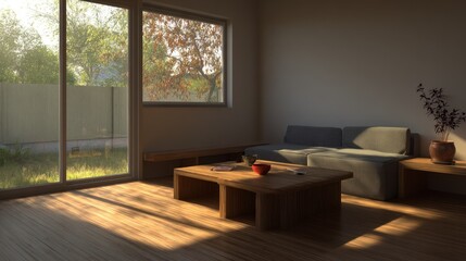 Fototapeta premium Interior living space bathed in bright morning sunlight streaming through large glass doors and window
