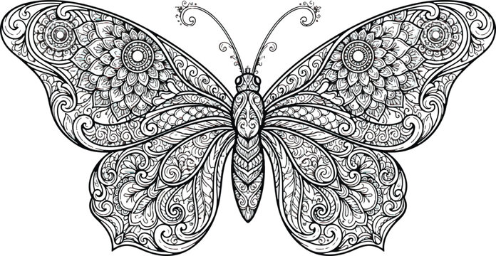 Intricate butterfly zentangle silhouette detailed black and white ornamental design