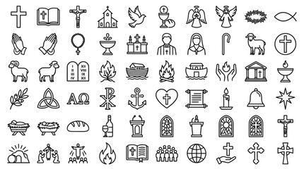 Obraz premium Large set of forty-eight minimalist thin line icons representing Christian faith, religious symbols, church architecture, holy cross, and spiritual elements for unique graphic design projects.