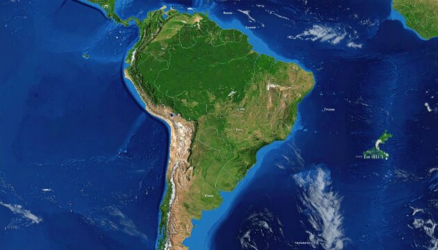 Satellite View of South America Continent, Amazon Rainforest, Andes Mountains, Ocean