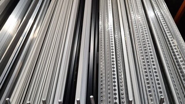 Various types of aluminum profiles (angular, T-shaped) on the shelf of a building materials store. Aluminum profiles on a rack in a building hypermarket. A wide range of fittings for repair