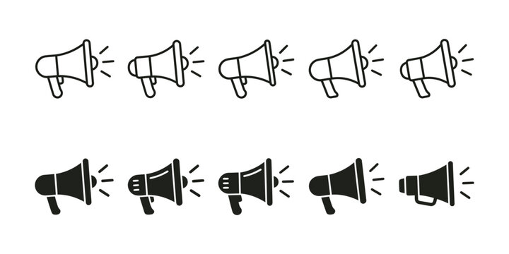 Megaphone icon set representing communication, announcements, and broadcasting in outline and solid variations