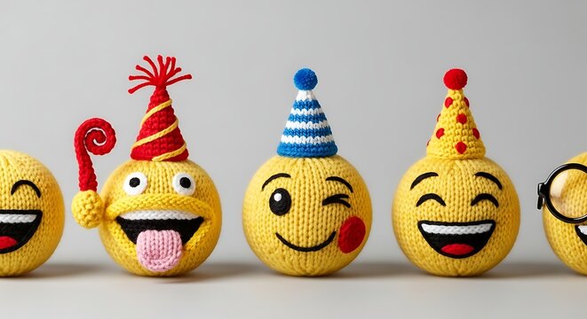 Knitted emoji characters in a row, playful handmade party emoticons, fun textile craft expressions, vibrant yellow yarn faces with festive hats, cheerful celebration symbols.