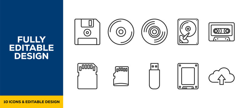 Hardware components tech parts flat line art vector icon bundle illustration design for computer hardware IT ram ssd gpu component motherboard and pc building gear