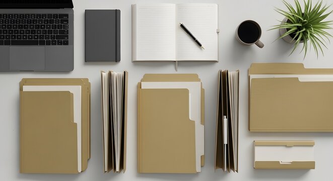 Flat lay of office supplies including folders, laptop, notebook, and coffee mug isolated on white background