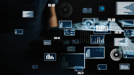 Naklejka premium This image showcases an abstract visualization of data analytics, featuring various digital dashboard screens against a dark background. Perfect for business and technology themes. Xenic
