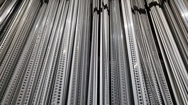Various types of aluminum profiles (angular, T-shaped) on the shelf of a building materials store. Aluminum profiles on a rack in a building hypermarket. A wide range of fittings for repair