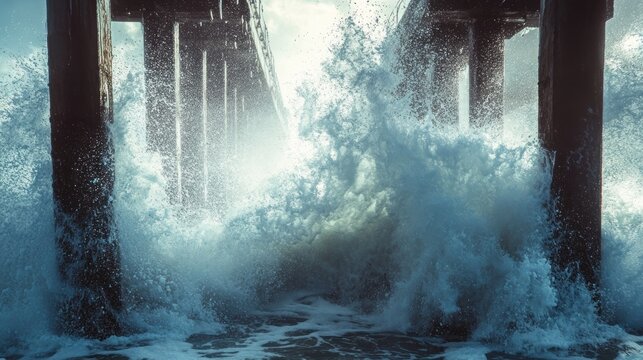 Powerful waves crashing beneath a pier