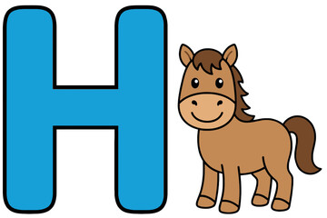 Obraz premium Cute Horse Illustration with Blue Letter H for Learning