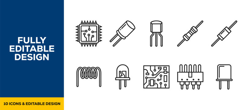 Electronic components circuit board flat line art vector icon bundle illustration design for engineering hardware motherboard chip energy science and industrial tech