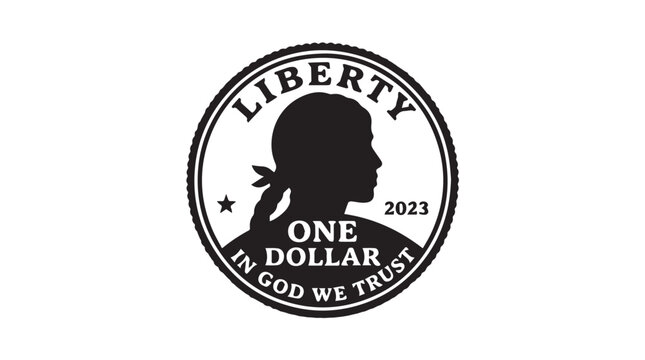 Black and white vector illustration of a coin featuring a girl silhouette with the text liberty and one dollar Vector