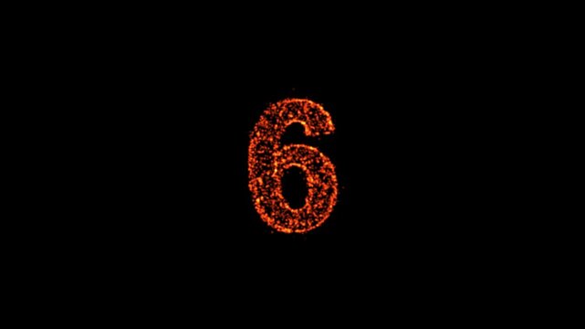 Three dimensional number 6 made of glowing particles that bursts into a vibrant explosion