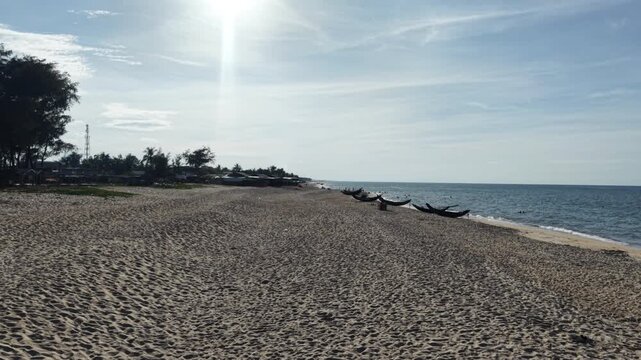 4K 60 FPS Daytime low to high Aerial forward Drone shot of Hai Duong beach, Hue, Vietnam- landscape