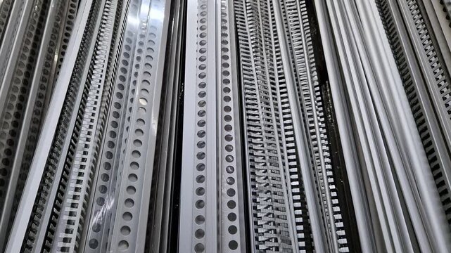 Various types of aluminum profiles (angular, T-shaped) on the shelf of a building materials store. Aluminum profiles on a rack in a building hypermarket. A wide range of fittings for repair