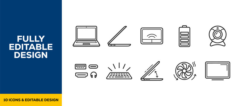 Office workspace computer setup flat line art vector icon bundle illustration design for productivity business tools desk furniture project management and daily tasks