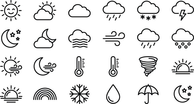 Weather forecast and meteorology line icon set with sun cloud rain snow storm thermometer vector