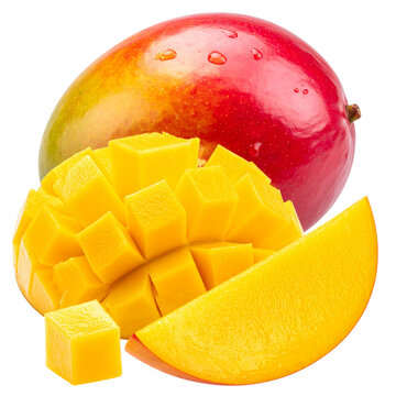 Fresh Fruit Basket Overflowing with Colorful Fruits Isolated on Transparent Background - Whole Mango with Fresh Mango Slices Isolated on Transparent Background