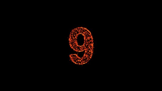 Three dimensional number 9 formed with glowing particles and bursting into a dramatic explosion 