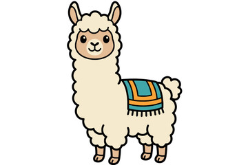 Obraz premium Cute Fluffy Llama Wearing a Colorful Saddle Standing Still