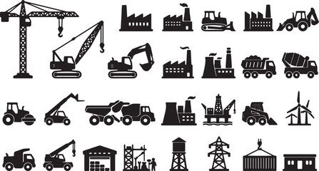 Industrial Construction Icons Set: Heavy Machinery, Factories, Cranes, Trucks, and Windmills Vector Graphics for Development and Engineering Projects © Shafiul