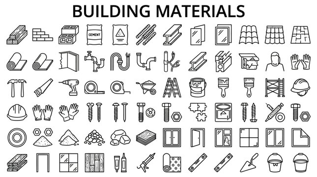 Detailed collection of 45 outline icon representing building material and hardware including wood brick stone metal tool and industrial component for construction and architectural design work.