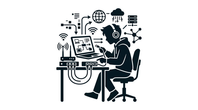 Man wearing headphones using laptop computer.