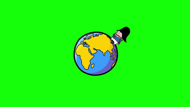 Napoleon walking around earth globe rotating. Color version cartoon animation seamless loop. 2D animated character for explainer, symbol, metaphor.