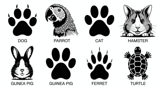 Black and white animal icons set including dog cat parrot hamster guinea pig ferret turtle