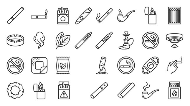 Comprehensive collection of thirty minimal smoking line icons featuring cigarette, cigar, pipe, lighter, and tobacco accessory in an editable stroke vector illustration style