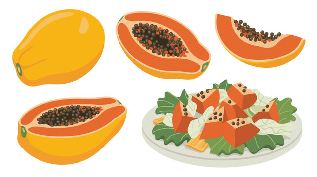 Fresh papaya halves and seeds with chopped pieces on a light background