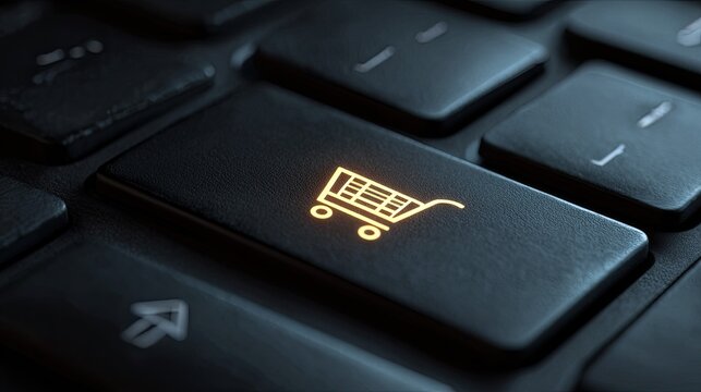 Close-up of glowing shopping cart key on dark keyboard