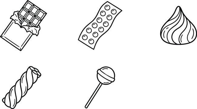 Sweet candy and chocolate sweets line icon set with lollipop marshmallow bar and wrapped bubble gum vector