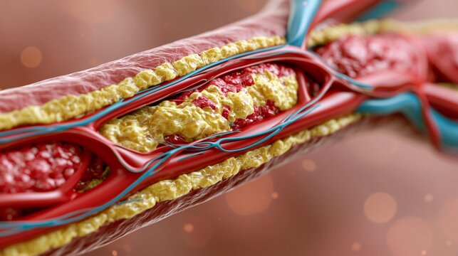 Fatty plaque deposits composed of cholesterol and lipids accumulate along the arterial wall, narrowing the blood vessel lumen and restricting blood flow. Conceptual visualization.