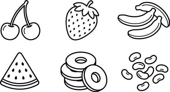 Minimalist fruit candy line art vector icon collection set featuring cherry strawberry banana watermelon ring and jelly bean shapes