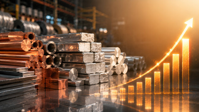 Rising Base Metal Prices Concept &ndash; Industrial Metal Ingots and Raw Material Cost Increase Close Up with Copy Space