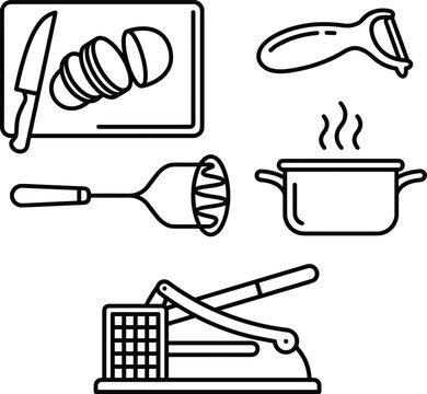 Minimalist kitchen utensils line art vector icon collection set featuring potato peeler masher french fry cutter and boiling pot