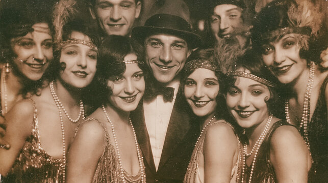  Vintage 1920s group portrait of smiling flapper women in pearl necklaces and a man in a fedora hat at a speakeasy party. Old sepia photograph style. Generative AI