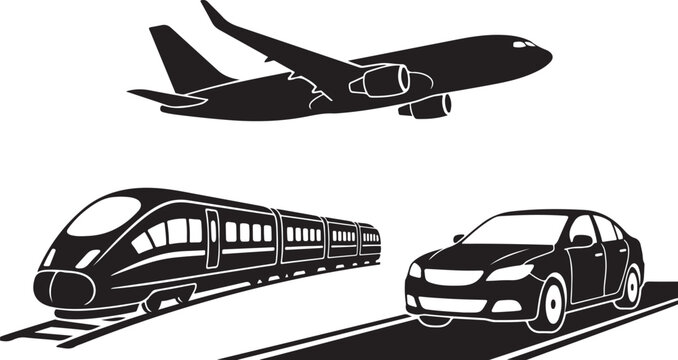 Transportation set of black icons including airplane train and car with transportation, aircraft