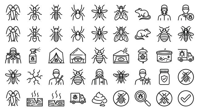 Comprehensive collection of thirty outline icons for pest control services featuring bugs and harmful insects. Minimalist linear graphic set with editable stroke vector on white backdrop.