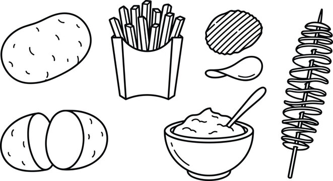 Minimalist potato fast food snacks line art vector icon collection set with french fries chips mashed potatoes and tornado skewer