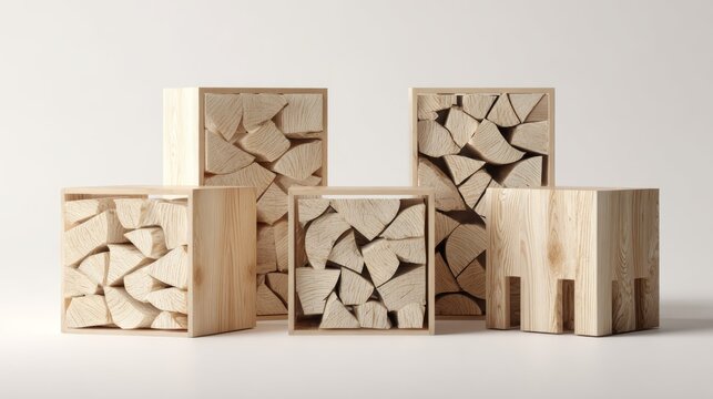 Several neatly arranged wooden storage units display stacked, split logs against a plain background.