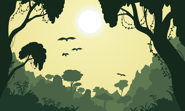 Tropical Jungle Landscape with Sunrise Flat Vector Illustration