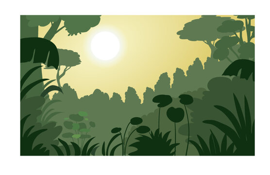 Tropical Jungle Landscape with Sunrise Flat Vector Illustration