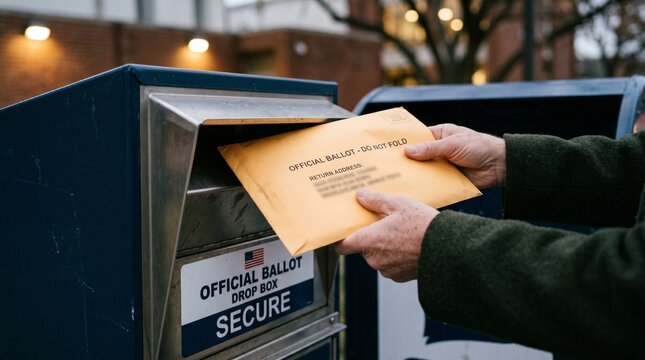 Person inserting an official ballot envelope into a secure metal drop box during an election day voting process