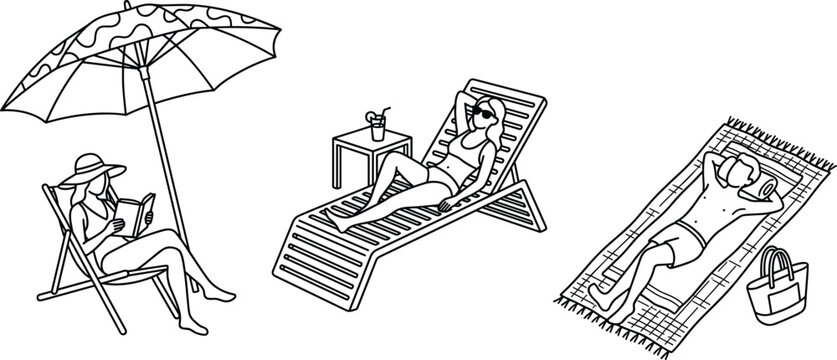 Minimalist summer beach relaxation line art vector illustration set featuring people sunbathing reading under umbrella and lounging on towel