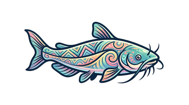 Decorative catfish clipart with colorful patterns on white