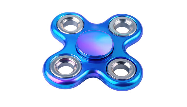 A close-up shot of a four-armed, metallic, hand-held spinning toy in shades of blue and purple, on a black background