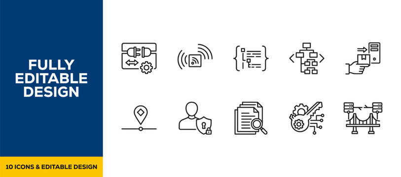 Network connectivity digital server flat line art vector icon bundle illustration design for internet hosting IT hardware wifi database data and tech infrastructure